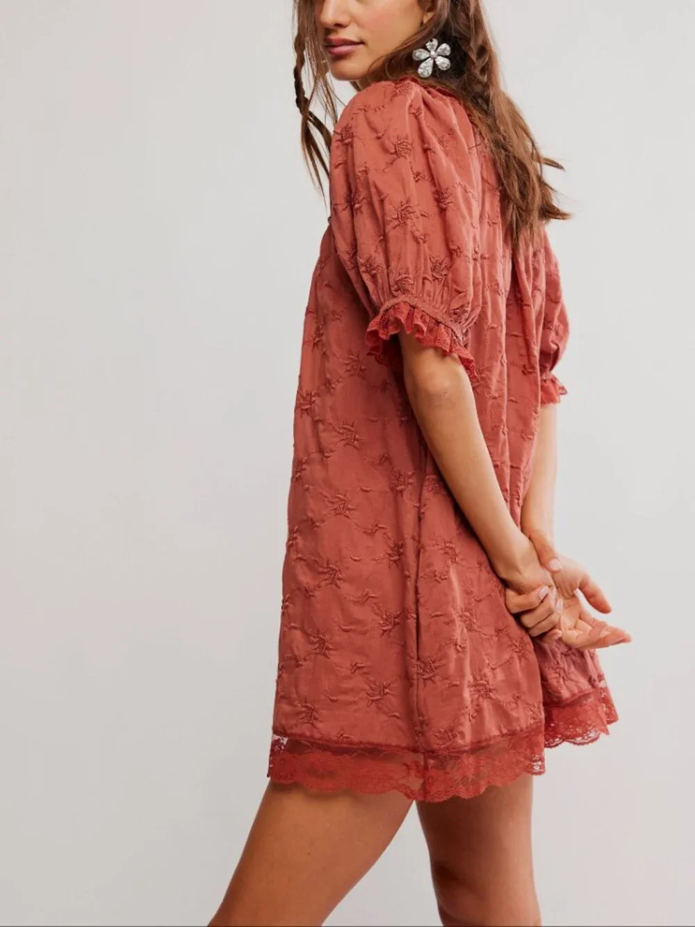 Free People Rust Mini Dress with Lace Trim - Picture 3 of 6